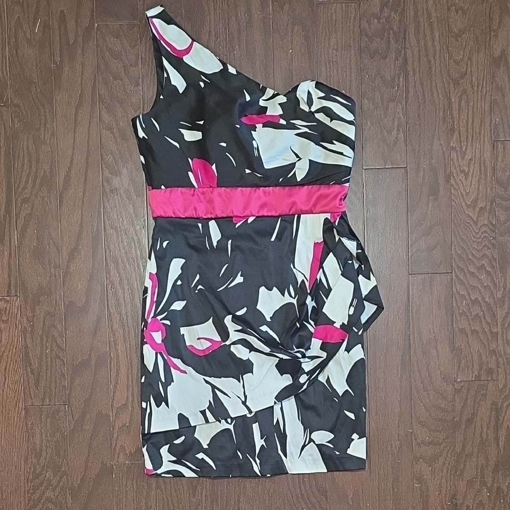 Love Tease One-Shoulder Dress in Black and Pink Floral
